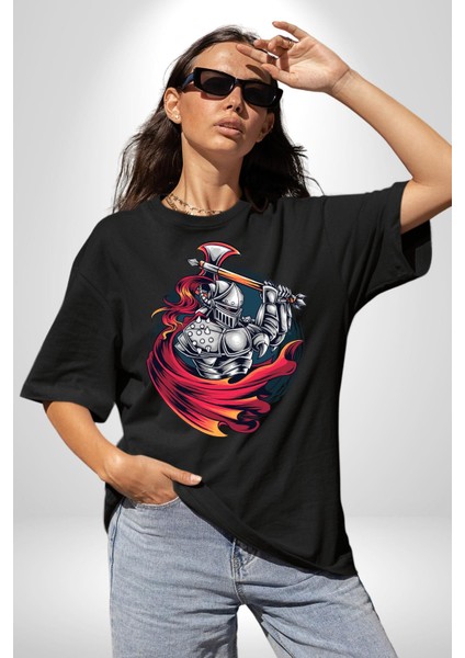 Orta Çağ Baltalı Gladyatör Savaşçı Kadın Erkek Ön Baskılı Siyah Pamuklu Tişört Penye Klasik fırsatları