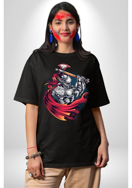 Orta Çağ Baltalı Gladyatör Savaşçı Kadın Erkek Ön Baskılı Siyah Pamuklu Tişört Penye Klasik indirimleri