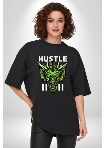 Çin Motifli Havalı Ejderha Kadın Erkek Ön Baskılı Siyah Pamuklu Tişört Penye Klasik modelleri