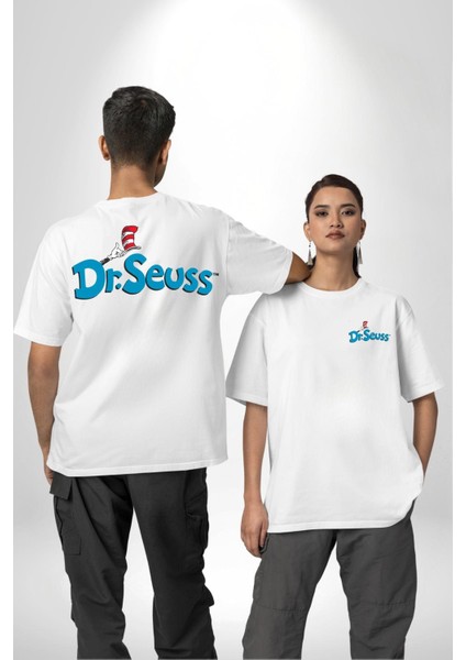Dr.seuss Komik Şapka Logo Kadın Erkek Ön Minimal Sırt Baskılı Beyaz Pamuklu Tişört