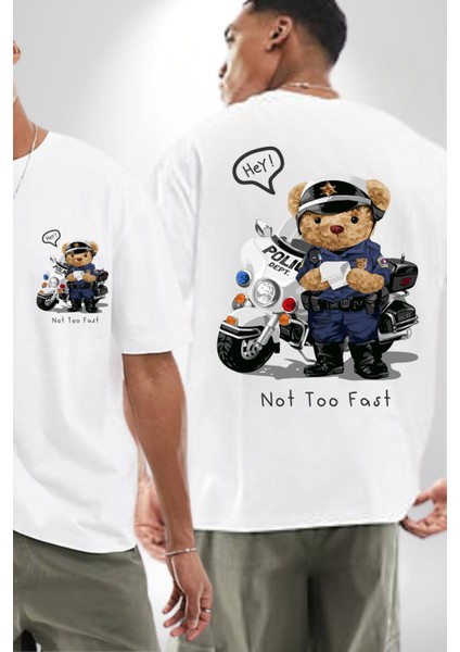 Trafik Polisi Motorcu Oyuncak Ayı Kadın Erkek Ön Minimal Sırt Baskılı Beyaz Pamuklu Tişört