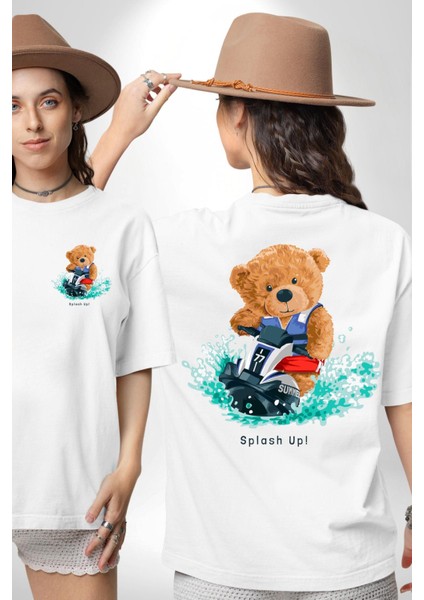 Jetski Süren Oyuncak Ayı Kadın Erkek Ön Minimal Sırt Baskılı Beyaz Pamuklu Tişört