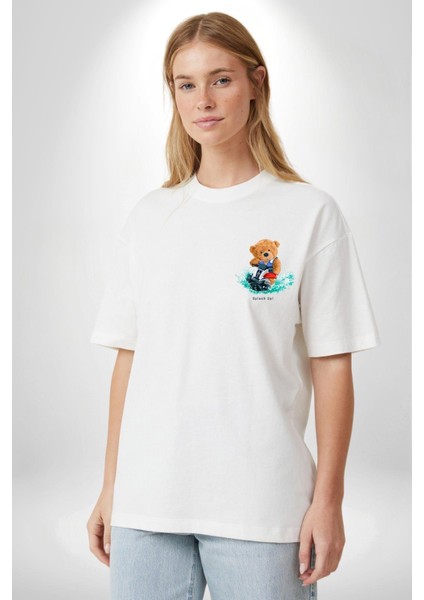 Jetski Süren Oyuncak Ayı Kadın Erkek Ön Minimal Sırt Baskılı Beyaz Pamuklu Tişört fiyatları