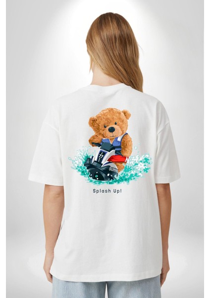 Jetski Süren Oyuncak Ayı Kadın Erkek Ön Minimal Sırt Baskılı Beyaz Pamuklu Tişört modelleri