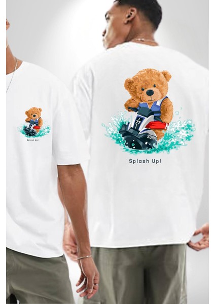 Jetski Süren Oyuncak Ayı Kadın Erkek Ön Minimal Sırt Baskılı Beyaz Pamuklu Tişört fırsatları