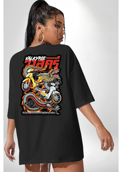 Motorcu Çetesi Çin Ejderhası Kadın Erkek Ön Minimal Sırt Baskılı Siyah Pamuklu Tişört modelleri