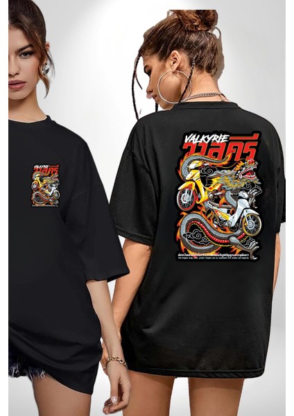 Motorcu Çetesi Çin Ejderhası Kadın Erkek Ön Minimal Sırt Baskılı Siyah Pamuklu Tişört fırsatları