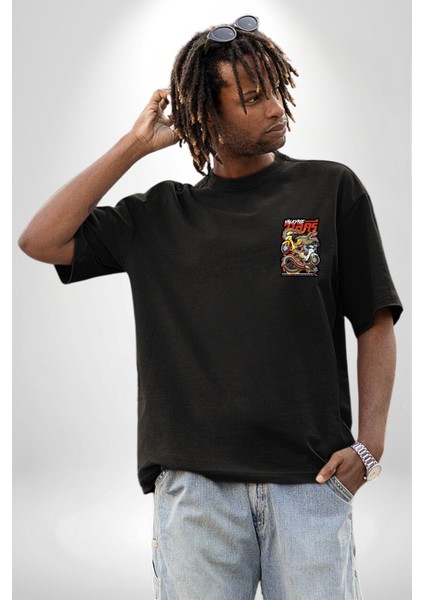 Motorcu Çetesi Çin Ejderhası Kadın Erkek Ön Minimal Sırt Baskılı Siyah Pamuklu Tişört indirimleri
