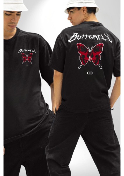 Rock Tarzı Kelebek Sokak Tarzı Kadın Erkek Ön Minimal Sırt Baskılı Siyah Pamuklu Tişört
