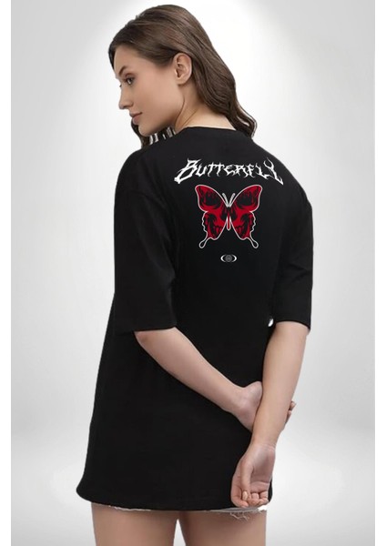 Rock Tarzı Kelebek Sokak Tarzı Kadın Erkek Ön Minimal Sırt Baskılı Siyah Pamuklu Tişört fiyatları