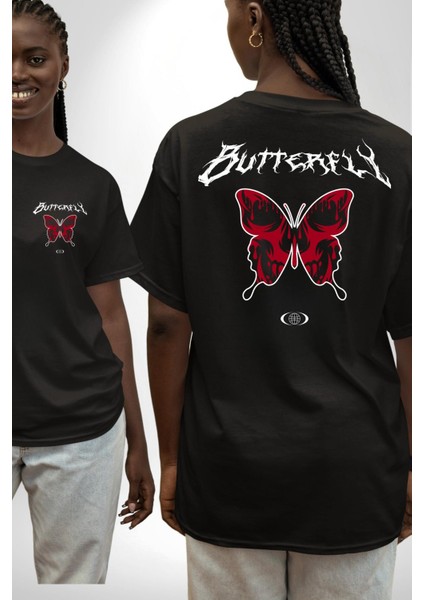 Rock Tarzı Kelebek Sokak Tarzı Kadın Erkek Ön Minimal Sırt Baskılı Siyah Pamuklu Tişört fırsatları