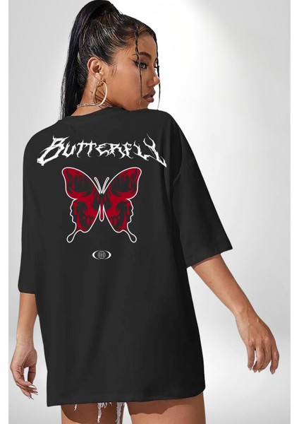 Rock Tarzı Kelebek Sokak Tarzı Kadın Erkek Ön Minimal Sırt Baskılı Siyah Pamuklu Tişört indirimleri