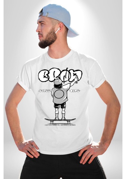 Sokak Yaşamı Kaykaylı Çocuk Grafiti Kadın Erkek Ön Baskılı Beyaz Pamuklu Tişört Penye Klasik fiyatları