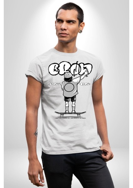 Sokak Yaşamı Kaykaylı Çocuk Grafiti Kadın Erkek Ön Baskılı Beyaz Pamuklu Tişört Penye Klasik fırsatları