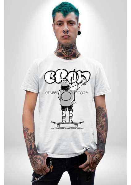 Sokak Yaşamı Kaykaylı Çocuk Grafiti Kadın Erkek Ön Baskılı Beyaz Pamuklu Tişört Penye Klasik indirimleri