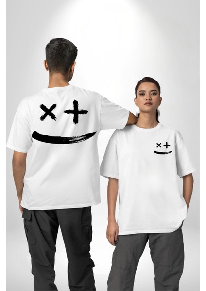 Çin Kaligrafisi Gülen Surat Kadın Erkek Ön Minimal Sırt Baskılı Beyaz Pamuklu Tişört