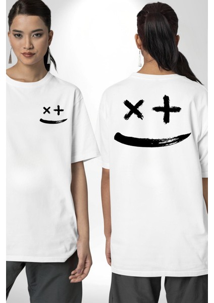 Çin Kaligrafisi Gülen Surat Kadın Erkek Ön Minimal Sırt Baskılı Beyaz Pamuklu Tişört fırsatları