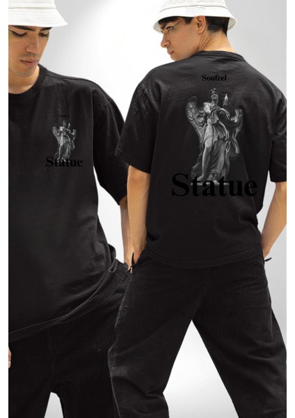 Yunan Heykeli Statue Kadın Erkek Ön Minimal Sırt Baskılı Siyah Pamuklu Tişört