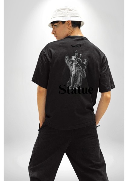 Yunan Heykeli Statue Kadın Erkek Ön Minimal Sırt Baskılı Siyah Pamuklu Tişört indirimleri