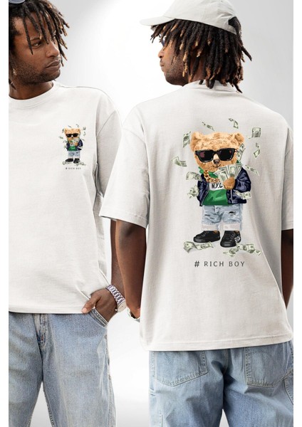 Zengin Çocuk Oyuncak Ayı Kadın Erkek Ön Minimal Sırt Baskılı Beyaz Pamuklu Tişört