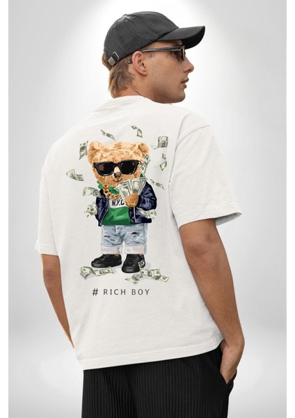 Zengin Çocuk Oyuncak Ayı Kadın Erkek Ön Minimal Sırt Baskılı Beyaz Pamuklu Tişört fiyatları