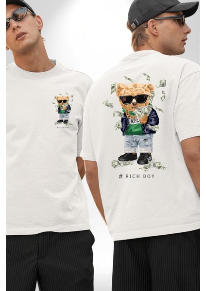 Zengin Çocuk Oyuncak Ayı Kadın Erkek Ön Minimal Sırt Baskılı Beyaz Pamuklu Tişört fırsatları