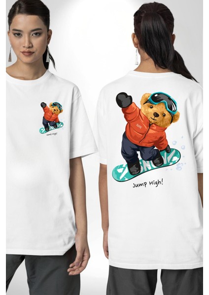 Kaykay Yapan Oyuncak Ayı Kadın Erkek Ön Minimal Sırt Baskılı Beyaz Pamuklu Tişört