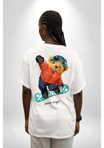 Kaykay Yapan Oyuncak Ayı Kadın Erkek Ön Minimal Sırt Baskılı Beyaz Pamuklu Tişört fiyatları