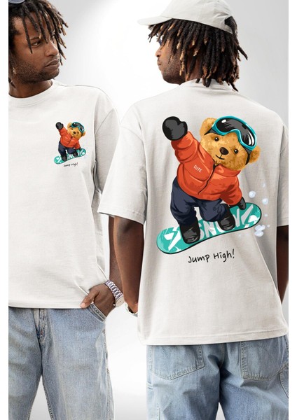 Kaykay Yapan Oyuncak Ayı Kadın Erkek Ön Minimal Sırt Baskılı Beyaz Pamuklu Tişört fırsatları