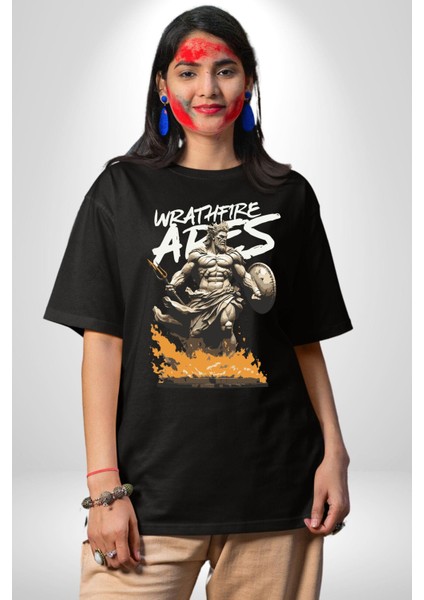 Muzaffer Savaşçı Antik Savaşçı Kadın Erkek Ön Baskılı Siyah Pamuklu Tişört Penye Klasik