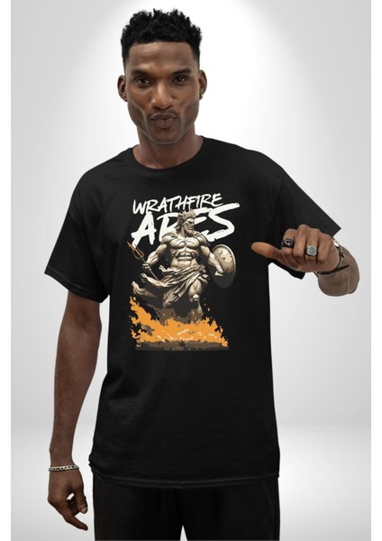 Muzaffer Savaşçı Antik Savaşçı Kadın Erkek Ön Baskılı Siyah Pamuklu Tişört Penye Klasik modelleri