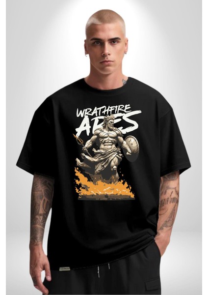 Muzaffer Savaşçı Antik Savaşçı Kadın Erkek Ön Baskılı Siyah Pamuklu Tişört Penye Klasik indirimleri