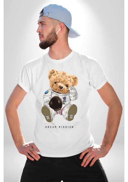 Astronot Uzay Oyuncak Ayı Kadın Erkek Ön Baskılı Beyaz Pamuklu Tişört Penye Klasik