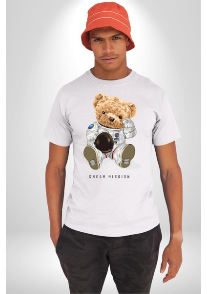 Astronot Uzay Oyuncak Ayı Kadın Erkek Ön Baskılı Beyaz Pamuklu Tişört Penye Klasik fiyatları