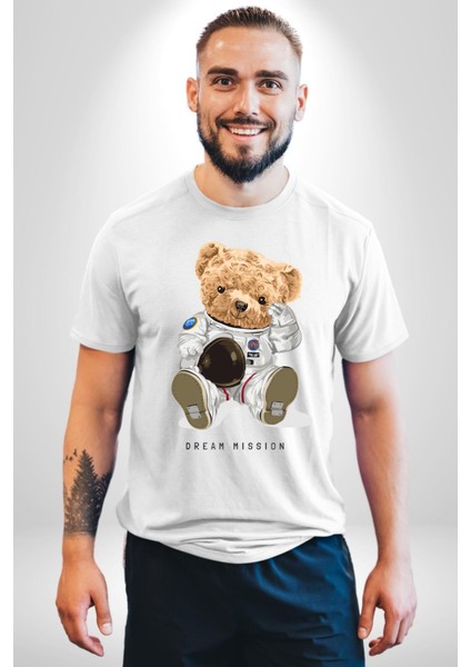 Astronot Uzay Oyuncak Ayı Kadın Erkek Ön Baskılı Beyaz Pamuklu Tişört Penye Klasik modelleri