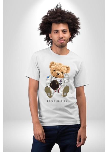 Astronot Uzay Oyuncak Ayı Kadın Erkek Ön Baskılı Beyaz Pamuklu Tişört Penye Klasik fırsatları
