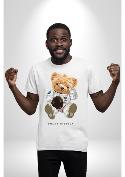 Astronot Uzay Oyuncak Ayı Kadın Erkek Ön Baskılı Beyaz Pamuklu Tişört Penye Klasik indirimleri