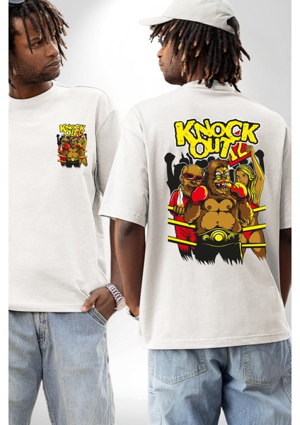 Nakavt Goril Boksör Havalı Kadın Erkek Ön Minimal Sırt Baskılı Beyaz Pamuklu Tişört