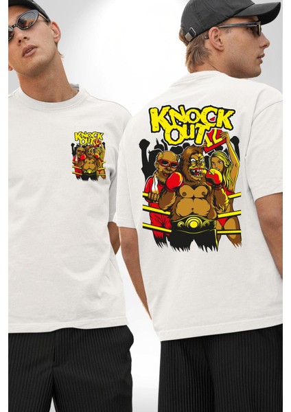 Nakavt Goril Boksör Havalı Kadın Erkek Ön Minimal Sırt Baskılı Beyaz Pamuklu Tişört fırsatları