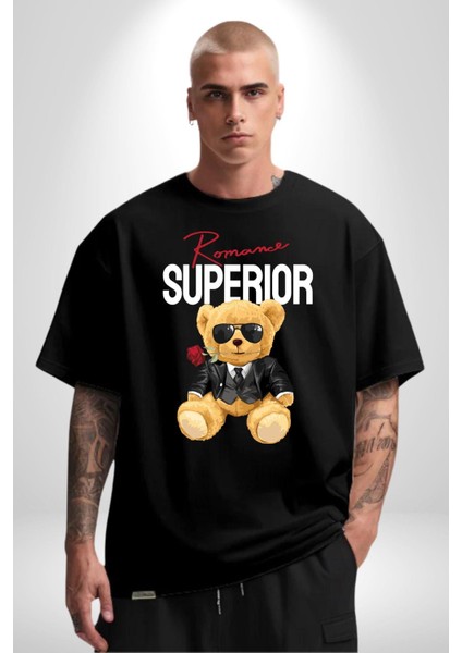 Romantik Oyuncak Ayı Kadın Erkek Ön Baskılı Siyah Pamuklu Tişört Penye Klasik