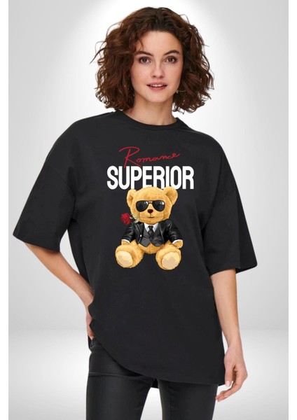 Romantik Oyuncak Ayı Kadın Erkek Ön Baskılı Siyah Pamuklu Tişört Penye Klasik fiyatları