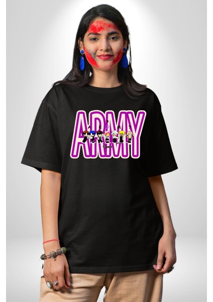 Bts Army Fan Tasarım Kadın Erkek Ön Baskılı Siyah Pamuklu Tişört Penye Klasik