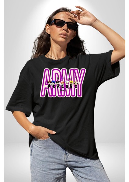 Bts Army Fan Tasarım Kadın Erkek Ön Baskılı Siyah Pamuklu Tişört Penye Klasik