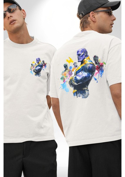 Thanos Iron Man Efsaneler Kadın Erkek Ön Minimal Sırt Baskılı Beyaz Pamuklu Tişört
