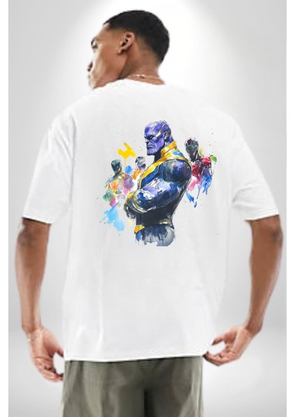 Thanos Iron Man Efsaneler Kadın Erkek Ön Minimal Sırt Baskılı Beyaz Pamuklu Tişört
