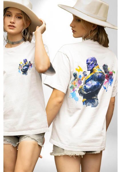 Thanos Iron Man Efsaneler Kadın Erkek Ön Minimal Sırt Baskılı Beyaz Pamuklu Tişört