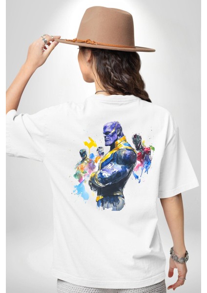 Thanos Iron Man Efsaneler Kadın Erkek Ön Minimal Sırt Baskılı Beyaz Pamuklu Tişört