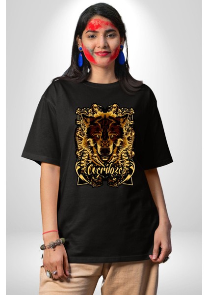 Overdoze Kurt Kemik Kadın Erkek Ön Baskılı Siyah Pamuklu Tişört Penye Klasik