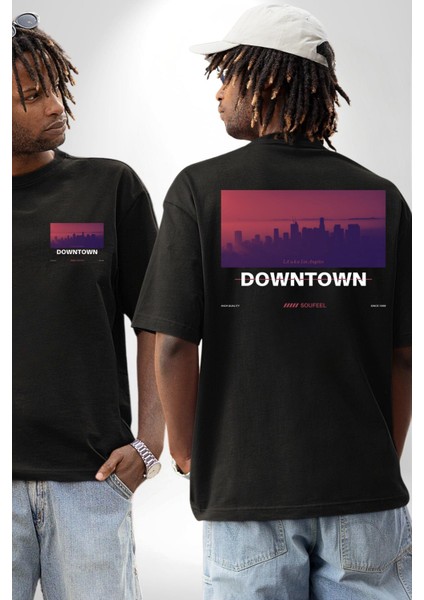 Şehir Merkezi Los Angeles Modern Kadın Erkek Ön Minimal Sırt Baskılı Siyah Pamuklu Tişört