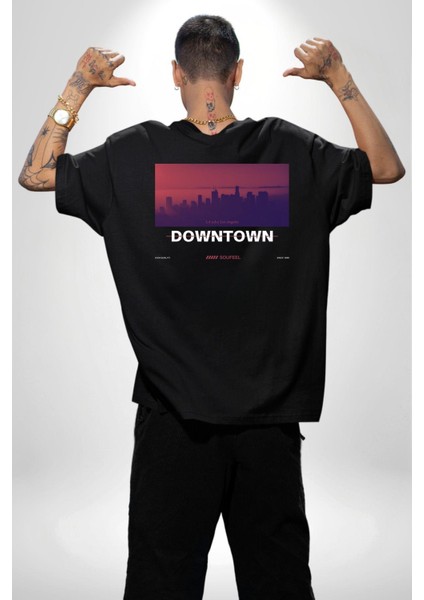 Şehir Merkezi Los Angeles Modern Kadın Erkek Ön Minimal Sırt Baskılı Siyah Pamuklu Tişört fiyatları